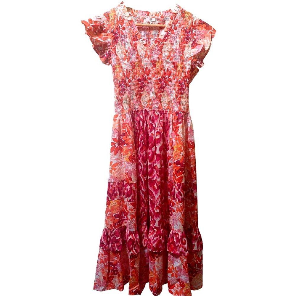 NWT Voy Pink/Orange Floral Smocked Midi Dress With Ruffled Sleeves~SMALL - Picture 4 of 9